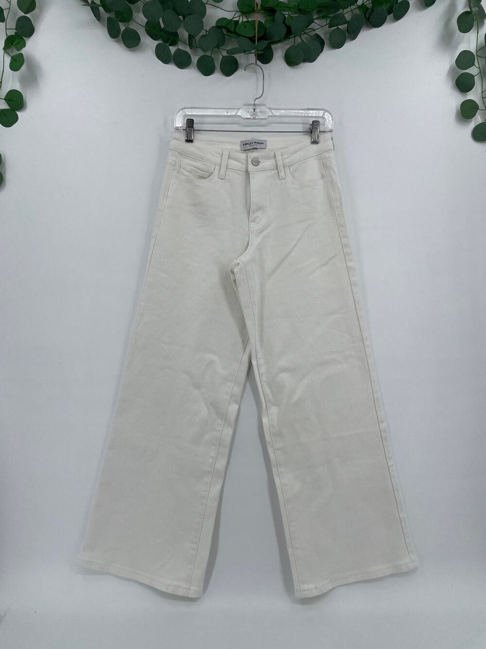 Ashley Mason Premium Off White High Rise Wide Leg Zipper Denim Jeans 5/27